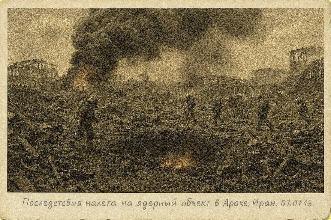 Последствия налёта на ядерный объект в Araке, 01.07.2013. Воронки от авиабомб, разрушенные корпуса, клубы чёрного дыма.
