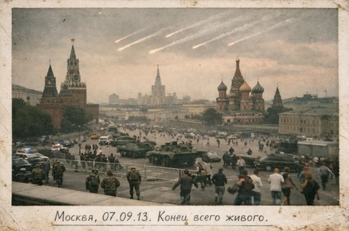 7 сентября 2013, Москва. «Судный день». Снимок предположительно сделан с крыши мавзолея. Следы ядерных ракет. Небо стало